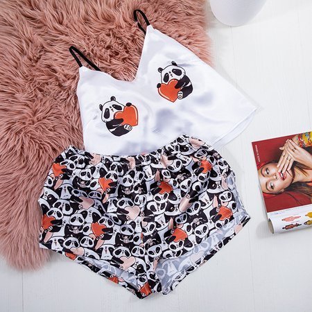 Biało - pomarańczowy 2-częściowy komplet piżamowy w pandy - Odzież