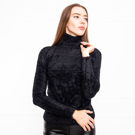 Czarny futerkowy damski sweter z golfem - Odzież