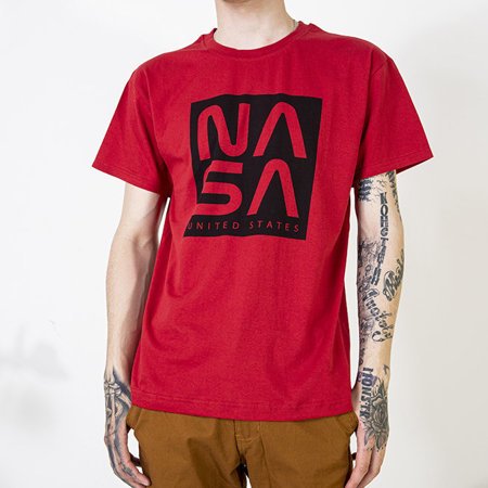 Czerwona bawełniana koszulka męska z napisem - Odzież