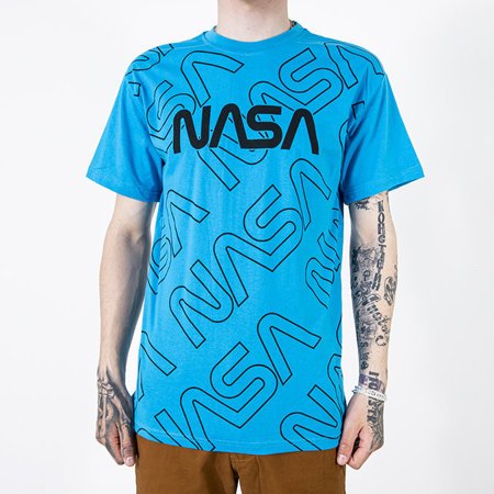 Jasnoniebieska męska koszulka w napisy - Odzież