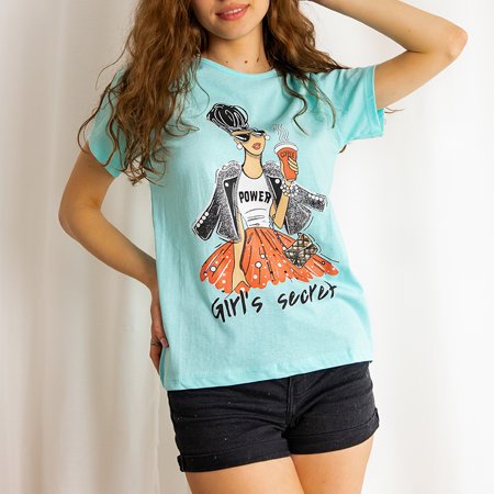 Miętowa damska koszulka bawełniana z printem - Odzież