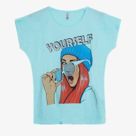 Miętowy t-shirt damski z printem - Odzież