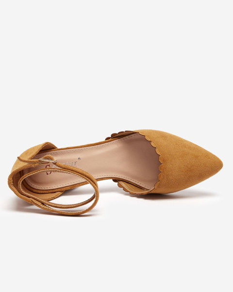 Camelowe damskie sandały eko-zamszowe na słupku Ametis - Obuwie