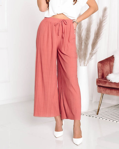 Ciemnoróżowe damskie szerokie plisowane spodnie typu palazzo- Odzież