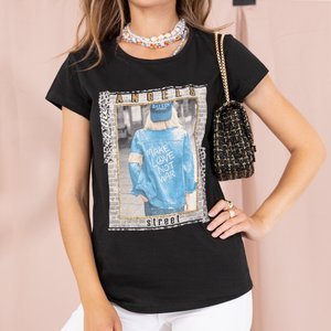 Czarna koszulka damska z printem - Odzież