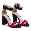 Czarne sandały na słupku z różowym paseczkiem i żółtym zapiętkiem Denice - Obuwie