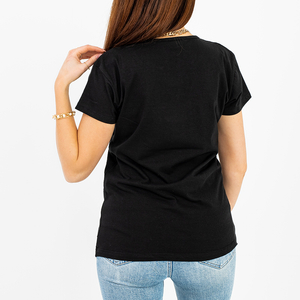 Czarny damski t-shirt z kolorowym printem i brokatem - Odzież