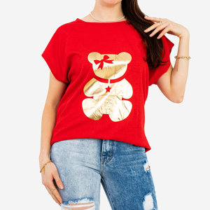 Czerwony damski t-shirt ze złotym nadrukiem misia PLUS SIZE - Odzież