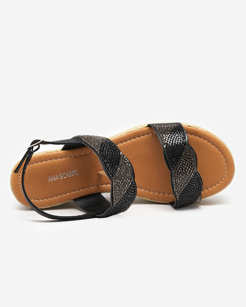 Damskie sandały z cyrkoniami na koturnie w kolorze czarnym Acroq - Obuwie