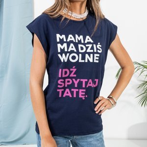 Granatowa damska koszulka z napisami - Odzież 