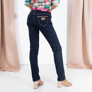 Granatowe proste spodnie z paskiem damskie - Odzież