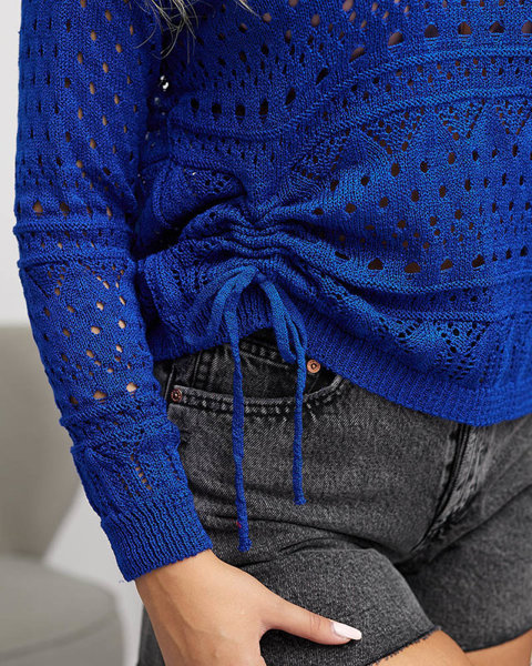 Granatowy ażurowy damski sweter dzianinowy - Odzież
