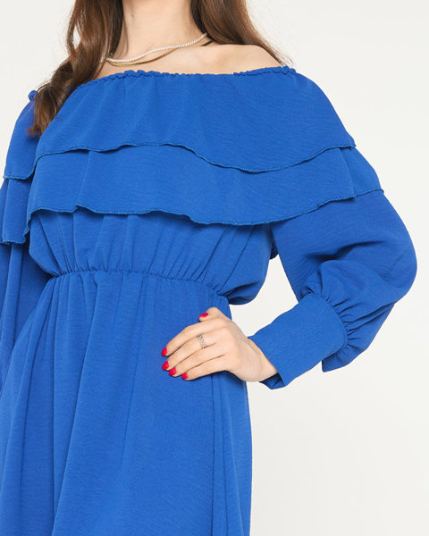 Krótka kobaltowa damska sukienka z falbanami- Odzież