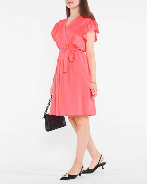 Neonowa różowa damska sukienka mini z wiązaniem - Odzież