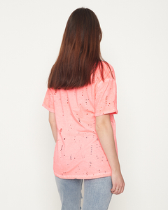 Neonowy koralowy bawełniany damski t-shirt z ozdobnymi dziurkami - Odzież