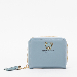 Niebieski mały portfel damski z misiem i brelokiem - Akcesoria
