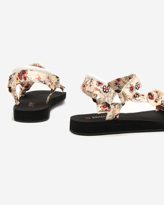 Royalfashion Czarne sandały damskie z beżowymi paseczkami w kwiatki Lilien