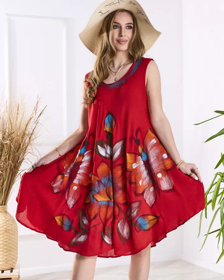Royalfashion Czerwona plażowa sukienka-narzutka z kolorowym printem