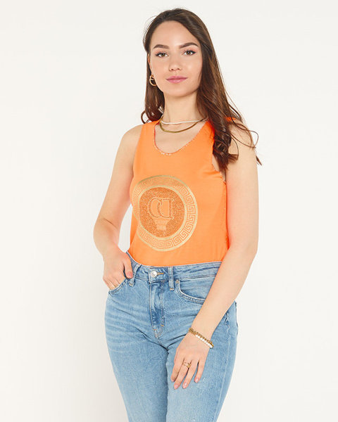 Royalfashion Neonowa pomarańczowa bluzka na ramiączkach z printem i cyrkoniami