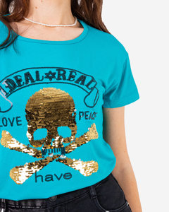 Royalfashion Niebieski damski t-shirt z cekinami i napisami