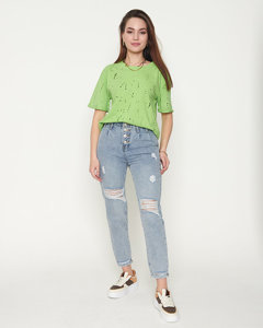 Royalfashion Zielony bawełniany damski t-shirt z ozdobnymi dziurkami
