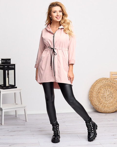 Różowa damska długa kurtka typu wiatrówka z wiązaniem w talii - Odzież