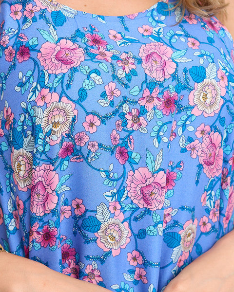 Асиметричне синє жіноче плаття з рожевими квітами - Одяг
