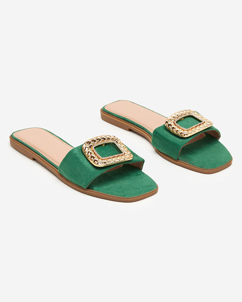 OUTLET Зелені жіночі еко замшеві тапочки із золотою пряжкою Lozi. Взуття
