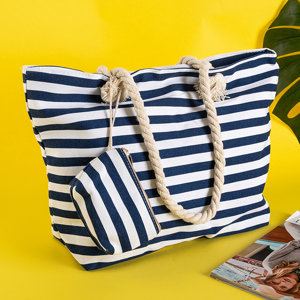 Темно-синя пляжна сумка в білу смужку з косметичкою