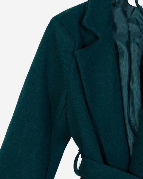 Темно-зелене довге жіноче пальто з поясом - Одяг